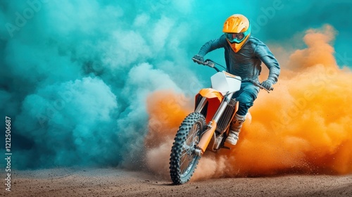 Energetic Motocross Rider Performing Stunts in Dynamic Off-Road Environment with Colorful Smoke and Vibrant Action-Packed Atmosphere photo