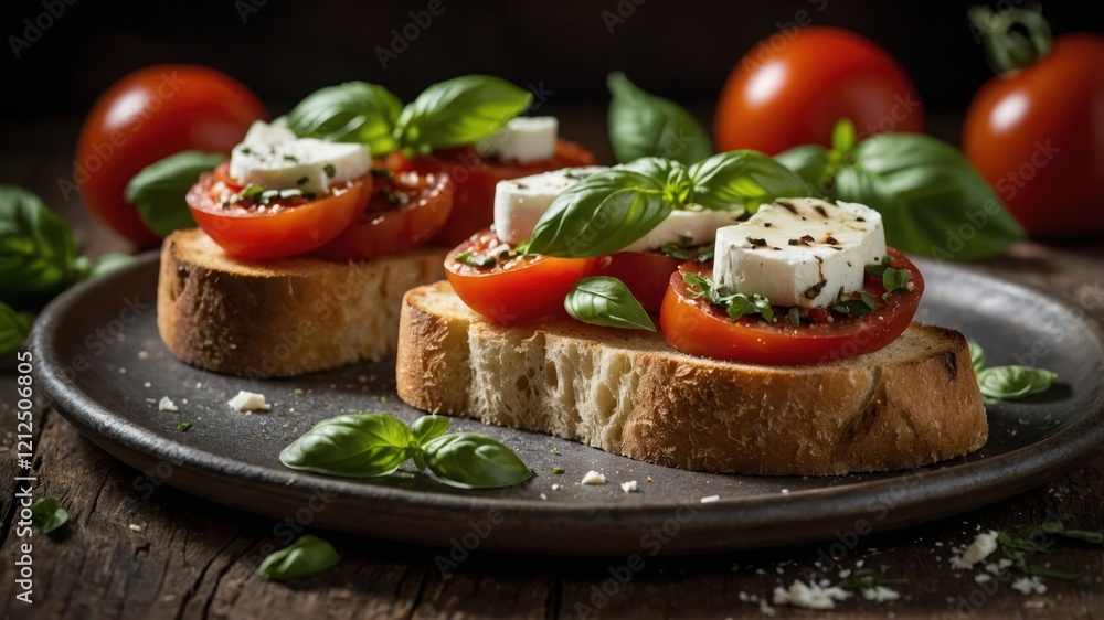 Fresh tomato and basil bruschetta on rustic bread, showcasing vibrant colors and textures. Fresh tomato and basil bruschetta on rustic bread, showcasing vibrant colors and textures.
