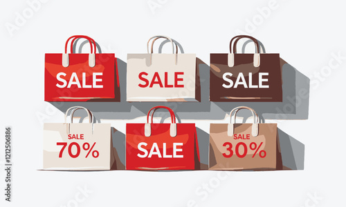 A modern vector-style illustration of six colorful shopping bags, easily editable.