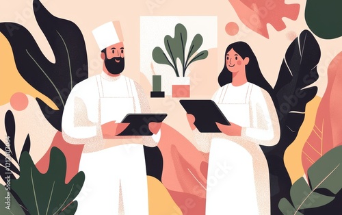 A creative team working on a digital tablet, designing a project with a colorful mood board in the background