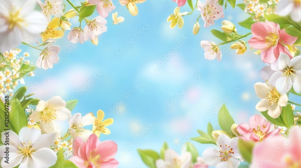 Obraz premium Beautiful spring flower frame featuring a variety of vibrant blossoms perfect for seasonal promotions, spring sale advertisements, and floral-themed designs