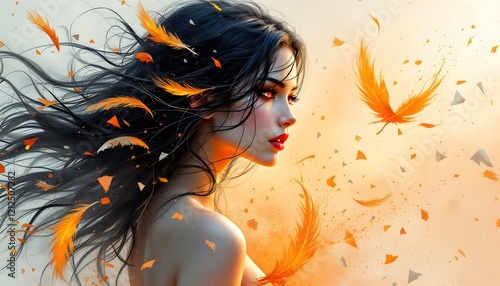 Stunning Woman with Orange Feathers Digital Art Print