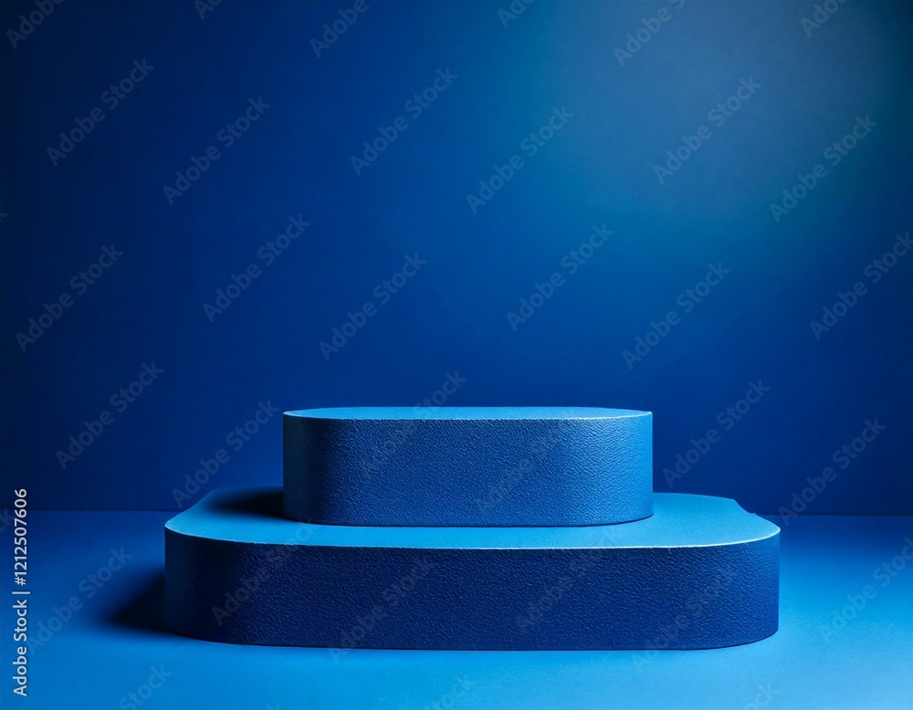 2 step dark blue podium on blue studio, minimal concept, showcase for 2 step dark blue podium on blue studio, minimal concept, showcase for