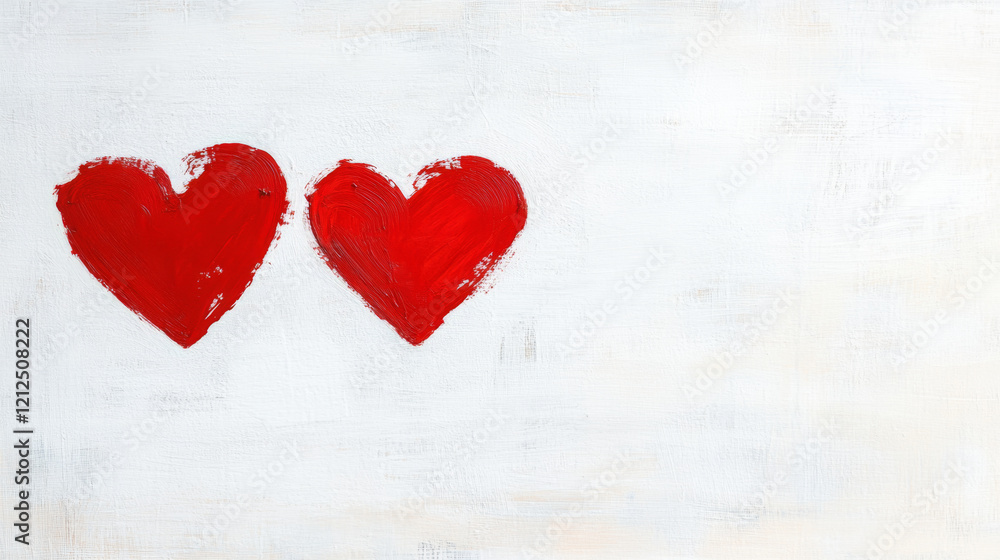 Two bold red hearts slightly tilted and interlocked on white background, symbolizing love and connection Two bold red hearts slightly tilted and interlocked on white background, symbolizing love and connection