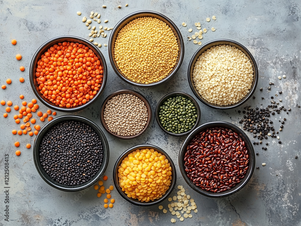 Poster layout with colorful vegetables and grains on a gray background Poster layout with colorful vegetables and grains on a gray background