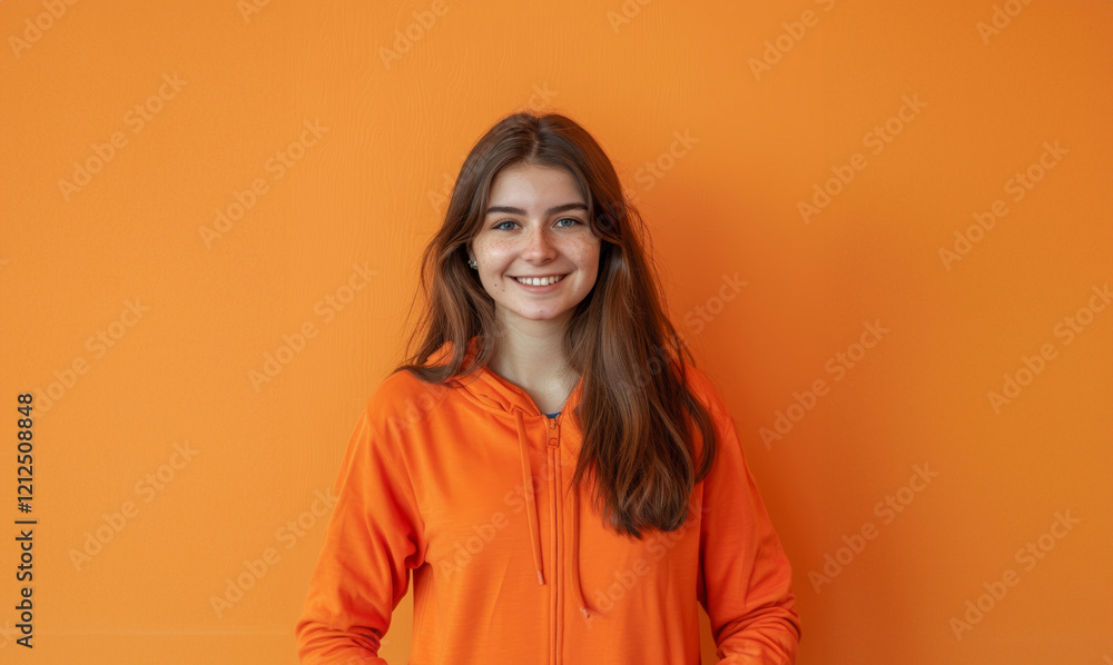 Displayed on a vivid plain background, the young woman’s unassuming style and relaxed attire reflect the lifestyle of an everyday, ordinary person. Displayed on a vivid plain background, the young woman’s unassuming style and relaxed attire reflect the lifestyle of an everyday, ordinary person.