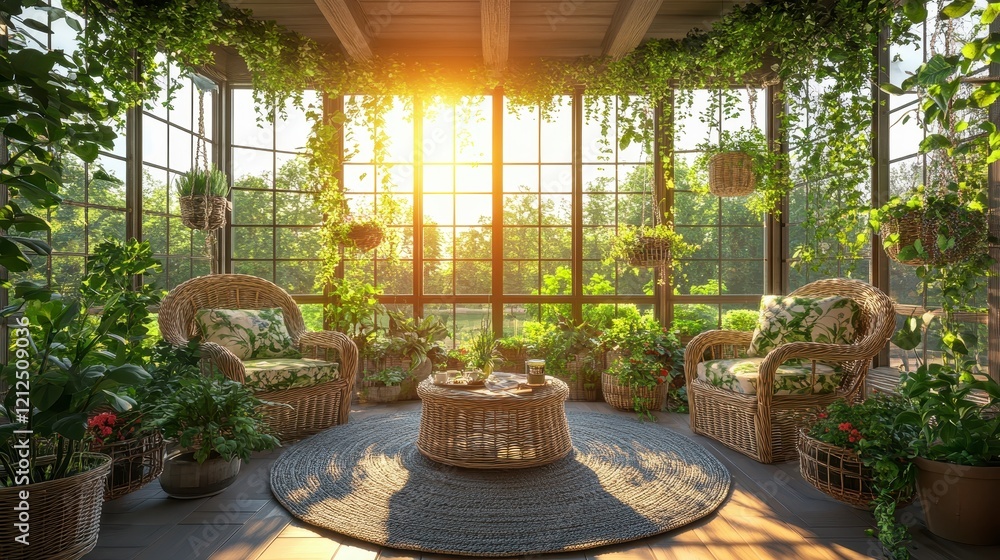 Fototapeta premium Sunlit Conservatory Garden Room with Wicker Chairs Plants and a Round Rug