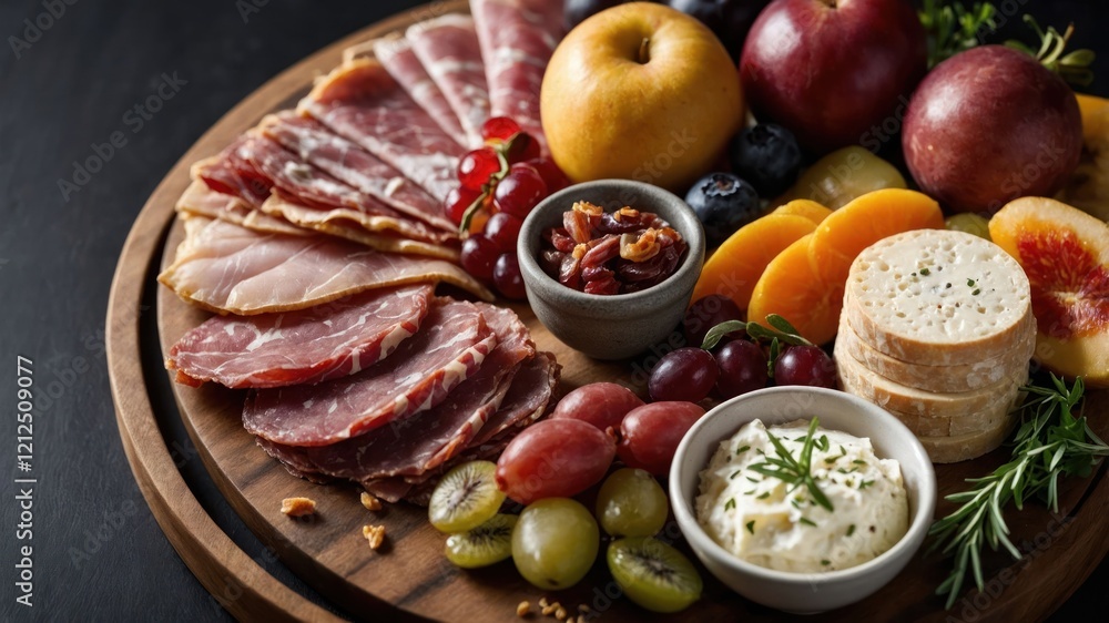 A beautifully arranged charcuterie board featuring meats, fruits, and cheeses. A beautifully arranged charcuterie board featuring meats, fruits, and cheeses.