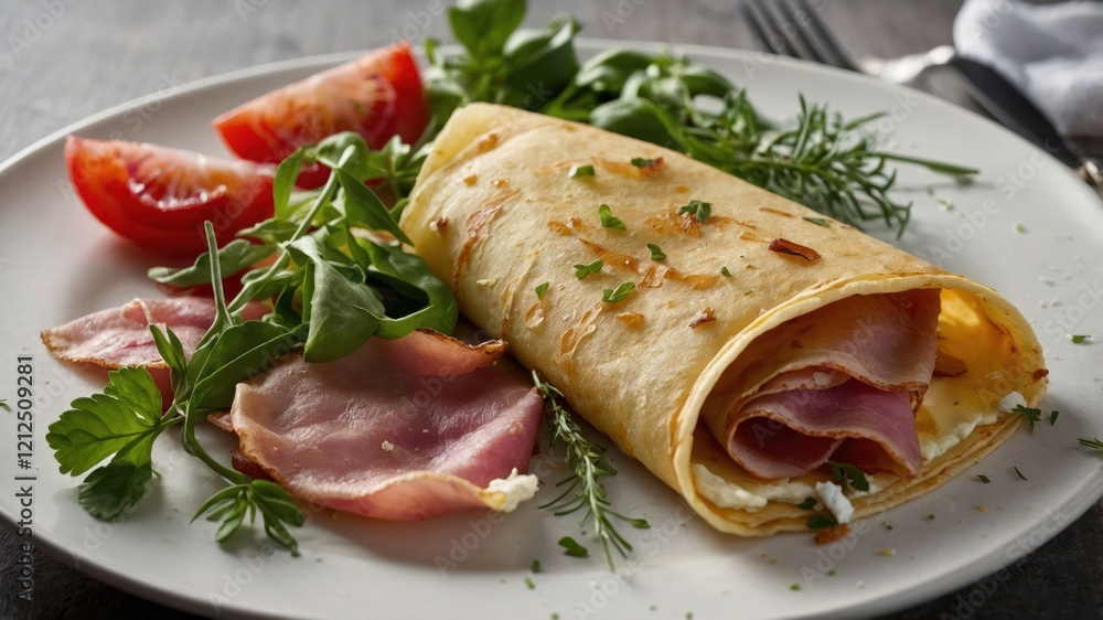 A savory omelet filled with ham, served with fresh greens and tomatoes on a plate. A savory omelet filled with ham, served with fresh greens and tomatoes on a plate.