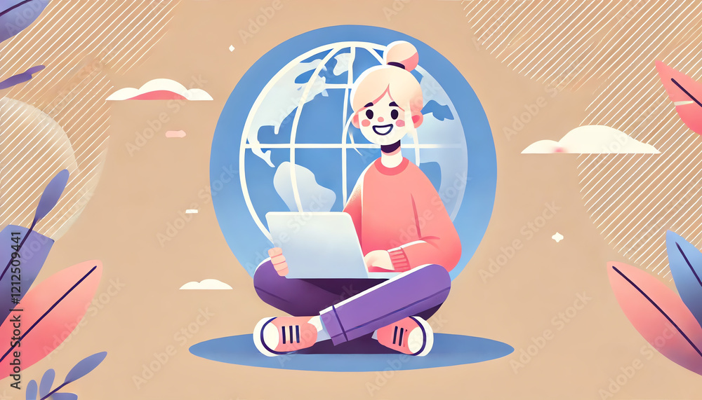 Fototapeta premium A minimalistic illustration of a cheerful young person sitting cross-legged with a laptop