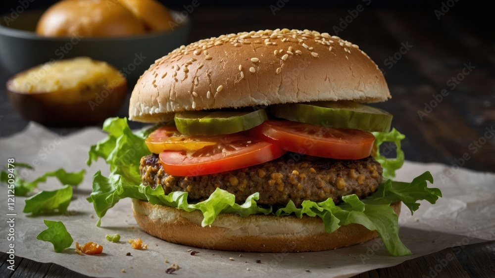 A delicious hamburger with lettuce, tomato, pickles, and a sesame seed bun on a rustic surface. A delicious hamburger with lettuce, tomato, pickles, and a sesame seed bun on a rustic surface.