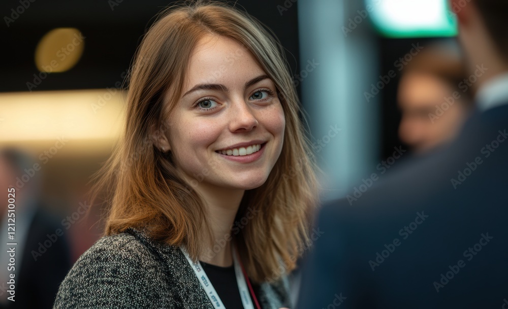 A young woman, full of enthusiasm, presents a new product at a crowded trade show, highlighting the momentum of a successful debut. A young woman, full of enthusiasm, presents a new product at a crowded trade show, highlighting the momentum of a successful debut.