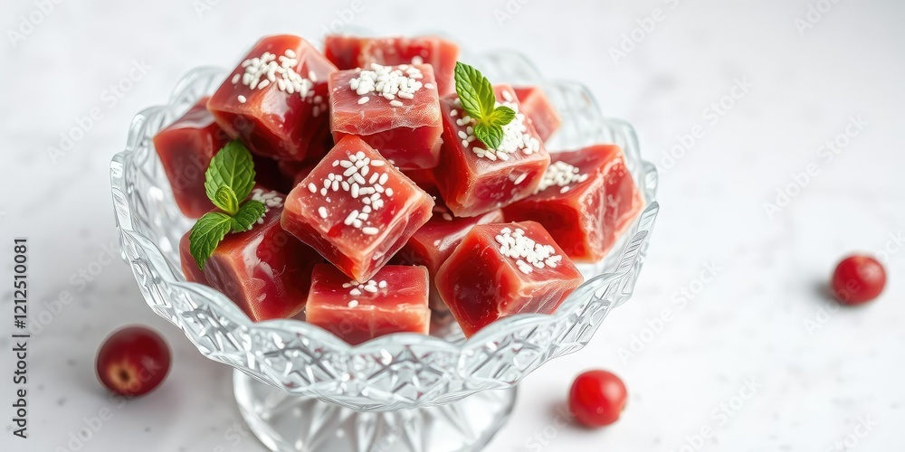 Beautifully arranged Turkish Delight in a crystal bowl, gourmet food, ornamental arrangement, crystal bowl Beautifully arranged Turkish Delight in a crystal bowl, gourmet food, ornamental arrangement, crystal bowl