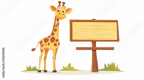 Playful Giraffe Cartoon Standing in Front of Signboard Banner