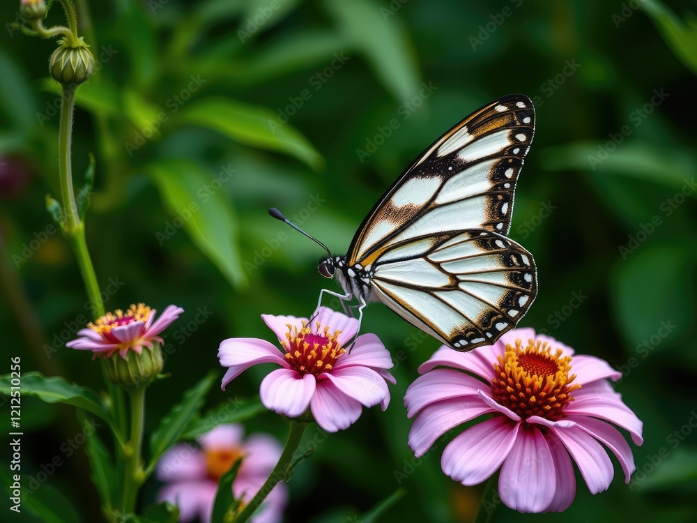 Beautifully detailed butterfly perched on a delicate floral stem surrounded by lush greenery, butterfly motifs, flower stems, garden flowers Beautifully detailed butterfly perched on a delicate floral stem surrounded by lush greenery, butterfly motifs, flower stems, garden flowers