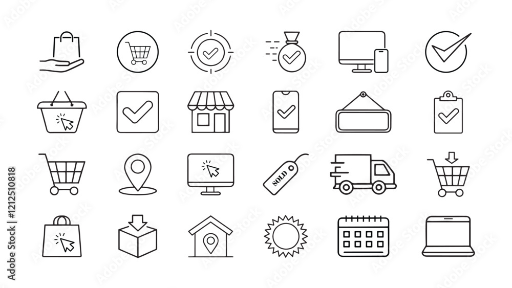 Online shopping and order icons, editable stroke outline icon set isolated on white background, flat vector illustration Online shopping and order icons, editable stroke outline icon set isolated on white background, flat vector illustration