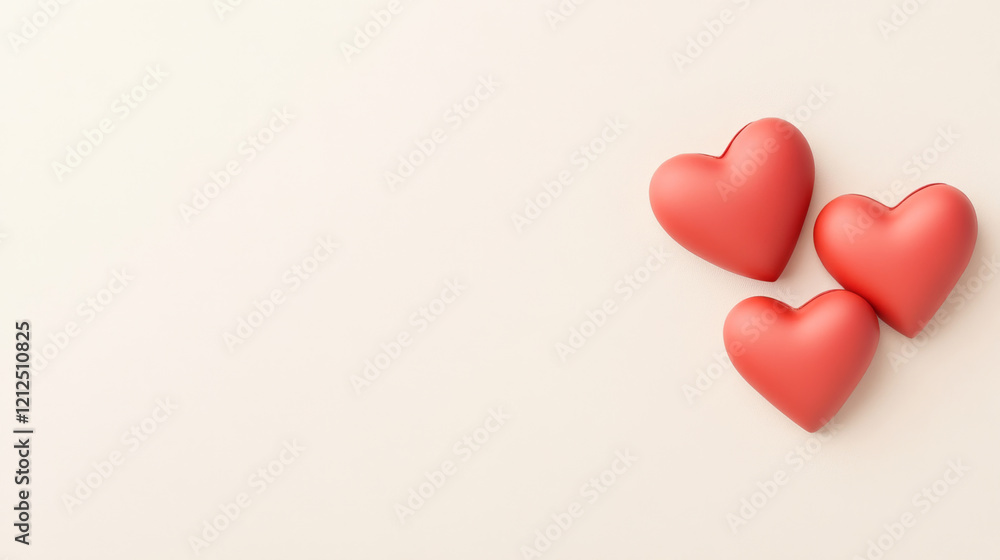 Three glossy red hearts on soft background, symbolizing love and affection Three glossy red hearts on soft background, symbolizing love and affection