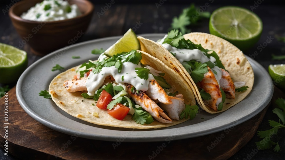 Two fish tacos with fresh toppings and lime on a plate. Two fish tacos with fresh toppings and lime on a plate.