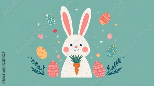 Adorable Bunny Holding Carrot Surrounded by Festive Easter Eggs and Foliage