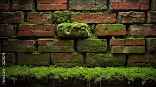 Old brick texture with vibrant green moss covering and draping over uneven surfaces. photo