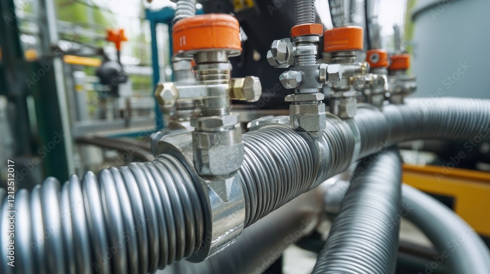 Close-up of flexible hose, metal coils and secure clamps, rugged build in plant. Close-up of flexible hose, metal coils and secure clamps, rugged build in plant.