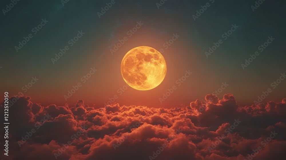 Majestic Orange Full Moon Rising Above a Sea of Clouds at Night Majestic Orange Full Moon Rising Above a Sea of Clouds at Night