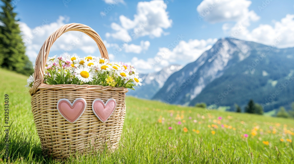 woven basket filled with flowers and heart shaped decorations sits vibrant green field, surrounded by mountains and bright woven basket filled with flowers and heart shaped decorations sits vibrant green field, surrounded by mountains and bright