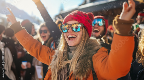 Cheerful skiers celebrating winter festivities, dancing together at mountain resort après-ski gathering with energetic joy