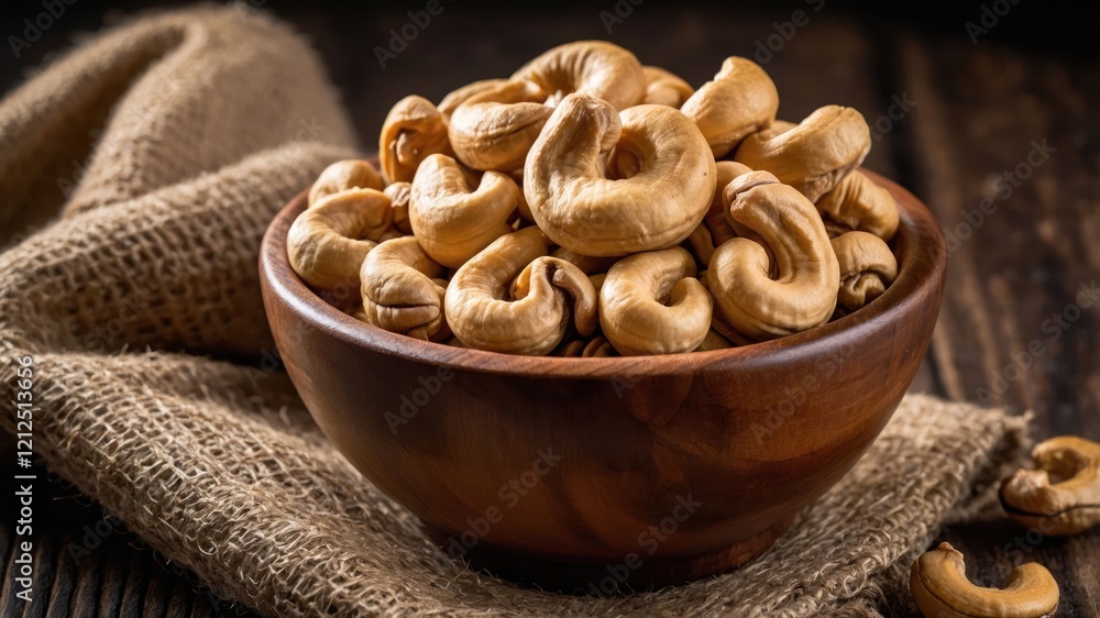 A wooden bowl filled with roasted cashew nuts on a rustic surface. A wooden bowl filled with roasted cashew nuts on a rustic surface.