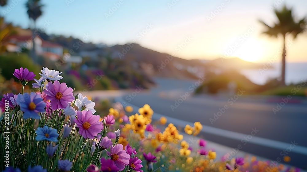 Obraz premium Vibrant wildflowers bloom along a coastal road at sunset, showcasing a picturesque landscape.