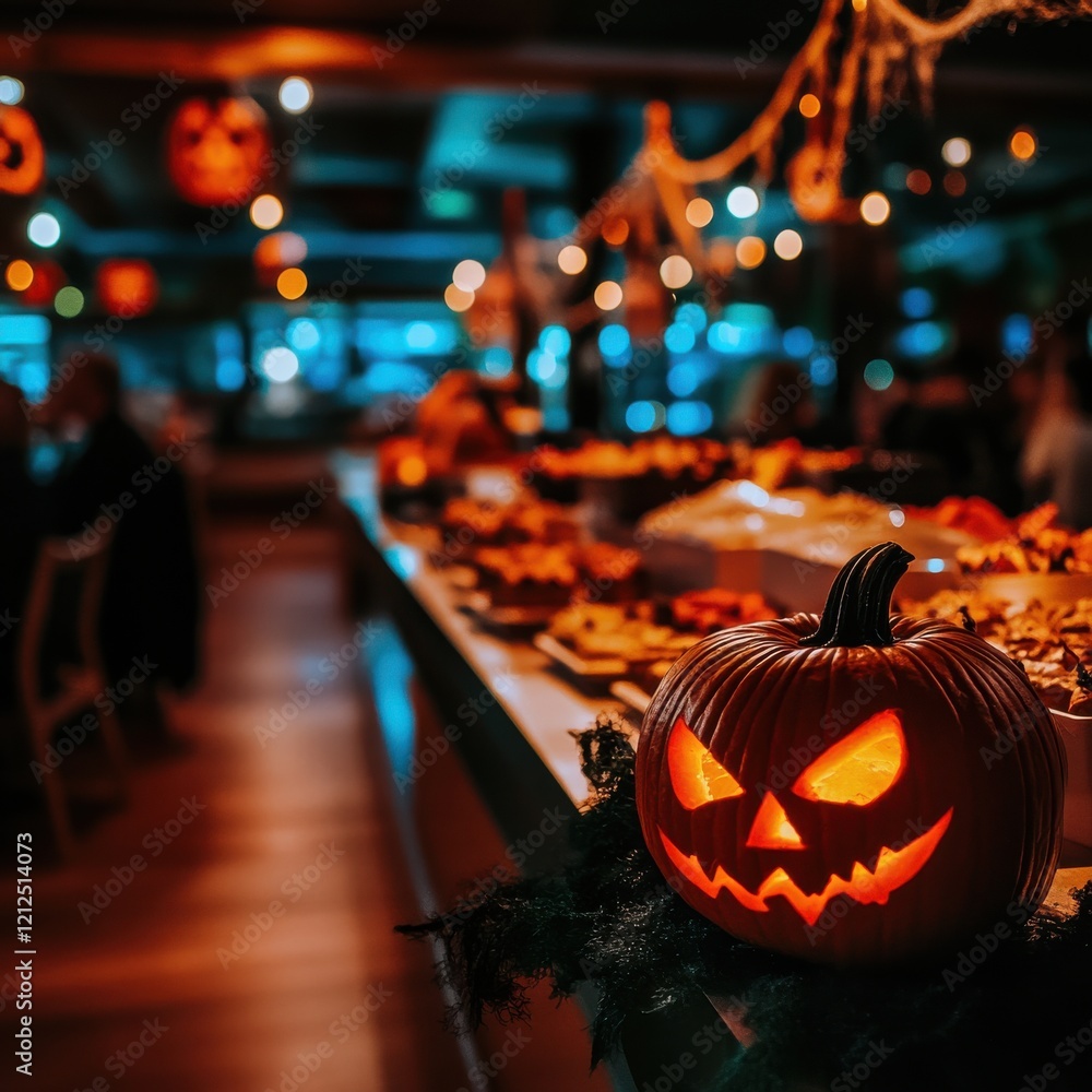 custom made wallpaper toronto digitalA dimly lit Halloween setting featuring a glowing jack-o'-lantern amidst a festive buffet, with spooky decorations and ambient lighting.