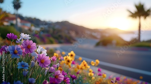 Vibrant wildflowers bloom along a coastal road at sunset, showcasing a picturesque landscape.