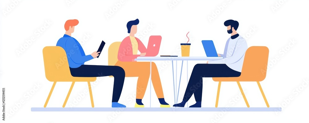 A casual meeting in a cafe, with professionals discussing ideas over coffee and notebooks A casual meeting in a cafe, with professionals discussing ideas over coffee and notebooks