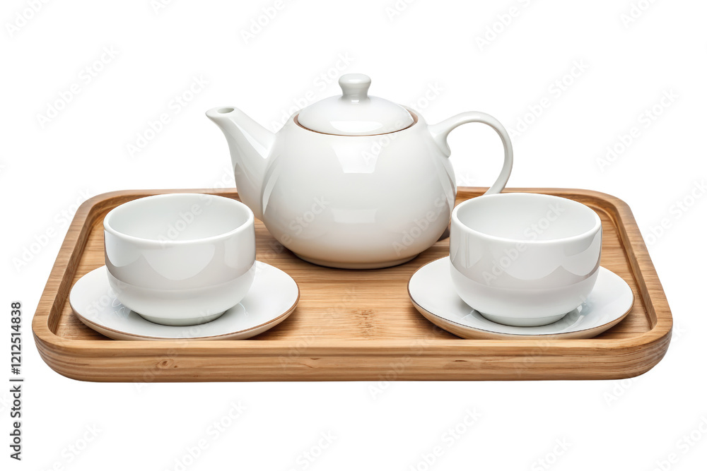 White teapot and two cups on bamboo tray isolated with transparent background White teapot and two cups on bamboo tray isolated with transparent background
