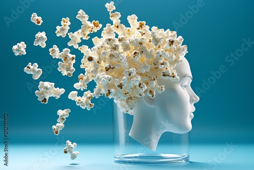 Popcorn Lover Day concept. A creative image of a mannequin head with popcorn spilling out, symbolizing thoughts or ideas in a whimsical way.