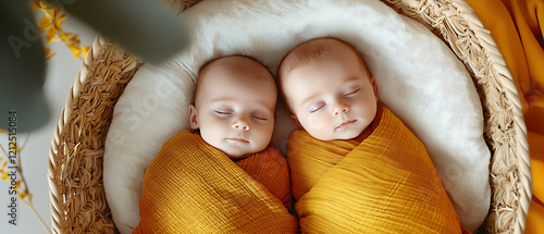 Newborn twins wrapped in cozy blankets indoor nursery photography soft lighting close-up cute and serene moments photo