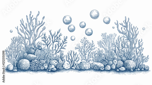 Underwater Marine Life in Blue � Coral and Bubbles Thick Line Vector Illustration
