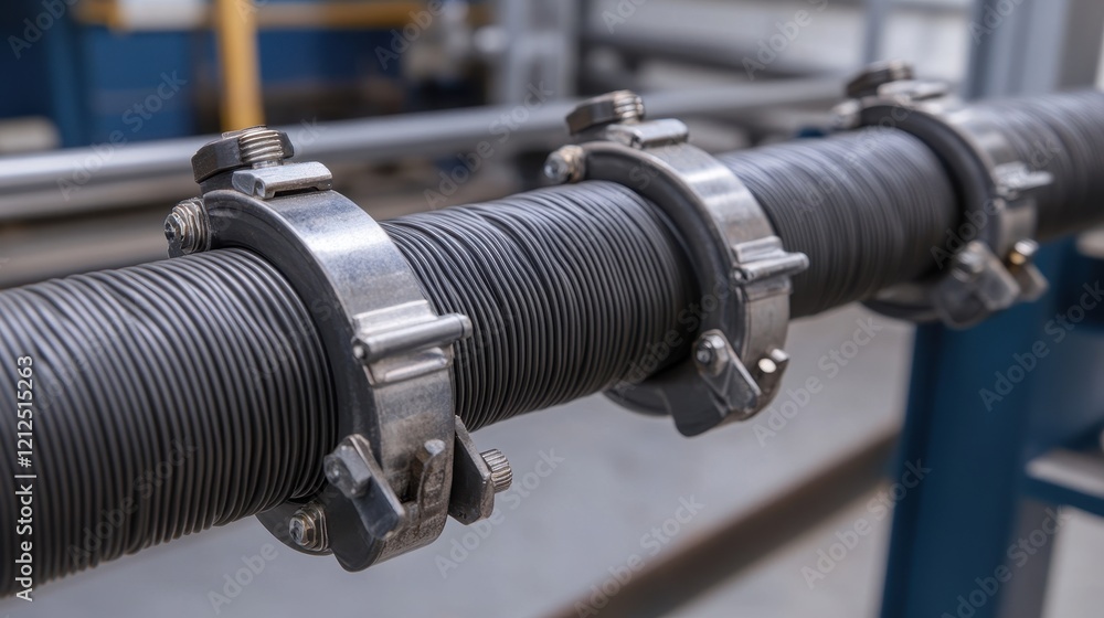 Close-up of flexible hose with metal casing, secure clamps in industrial setting.