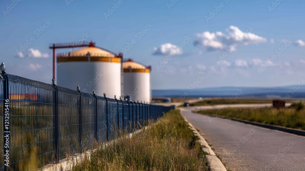 Obraz premium Industrial storage tanks and roadside fence under clear blue sky.