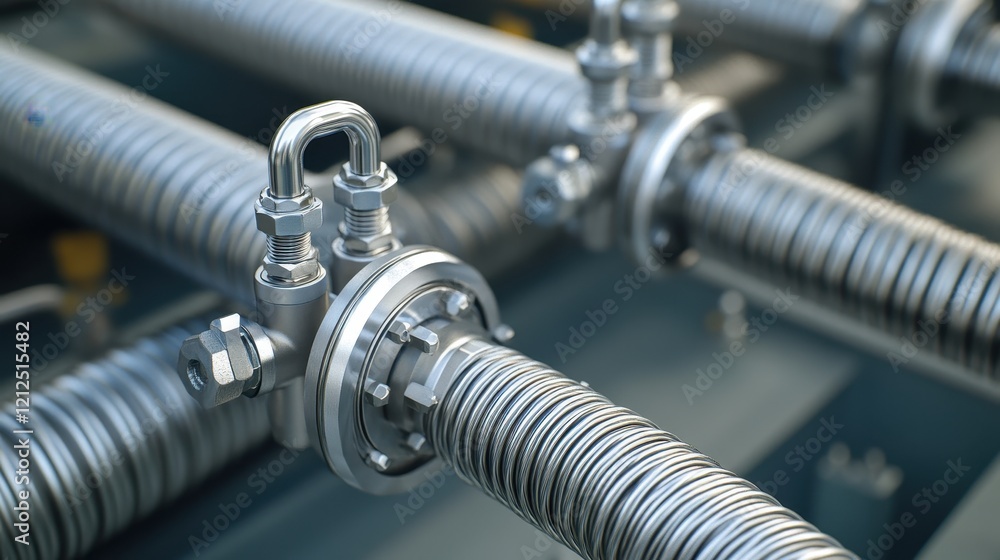 Petrochemical flexible hoses, metal coils with secure valves and clamps in detailed view. Petrochemical flexible hoses, metal coils with secure valves and clamps in detailed view.