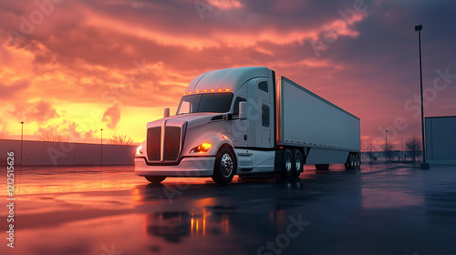 Semi-truck parked at distribution center during sunset, reflecting on glistening asphalt