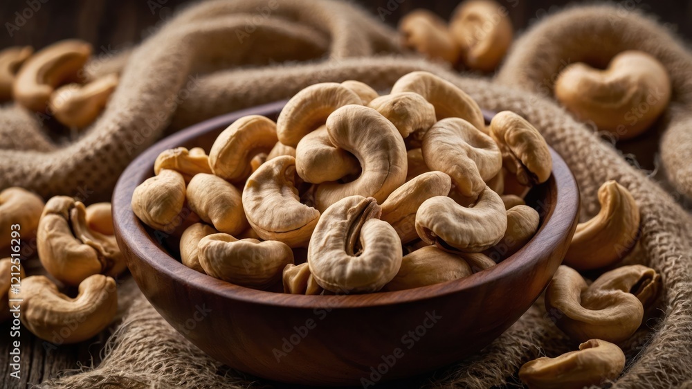 A wooden bowl filled with cashews on a textured surface. A wooden bowl filled with cashews on a textured surface.
