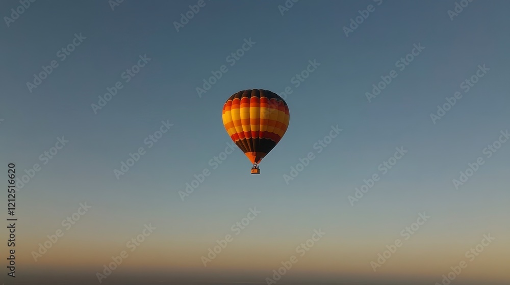 Colorful Hot Air Balloon Soaring in a Clear Blue Sky at Sunrise Colorful Hot Air Balloon Soaring in a Clear Blue Sky at Sunrise