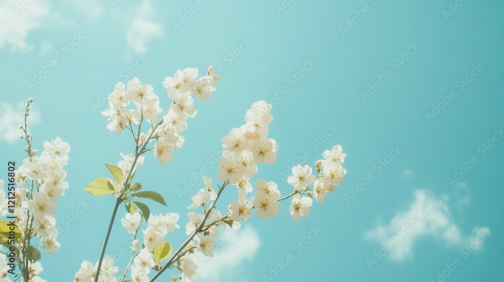 Blooming white cherry blossoms against a clear blue sky. Blooming white cherry blossoms against a clear blue sky.