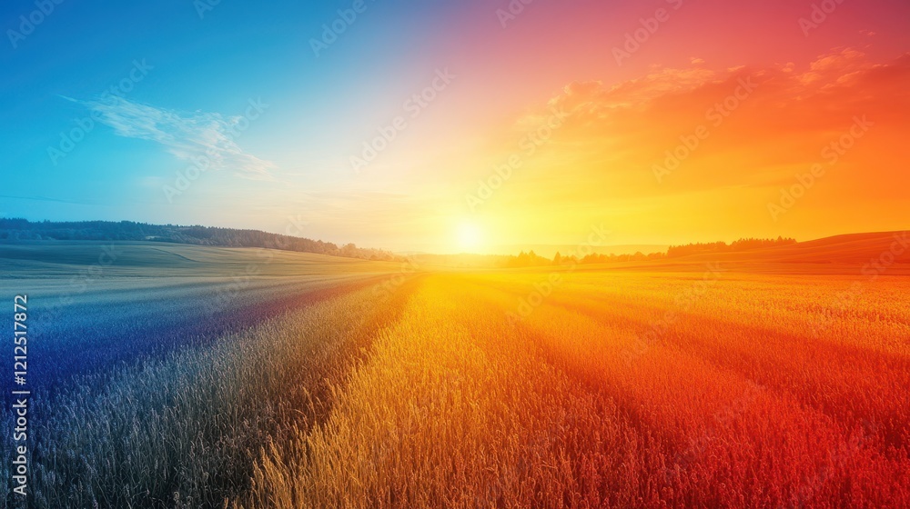Expansive field with tall green grass under a bright blue sky on a clear sunny day Expansive field with tall green grass under a bright blue sky on a clear sunny day