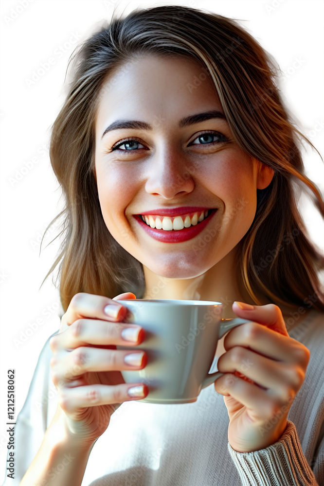 Beautiful girl holding a coffee or tea cup in a cozy setting, enjoying the moment with a warm smile, perfect for lifestyle, relaxation, and beverage-themed stock photography, isolated backround Beautiful girl holding a coffee or tea cup in a cozy setting, enjoying the moment with a warm smile, perfect for lifestyle, relaxation, and beverage-themed stock photography, isolated backround