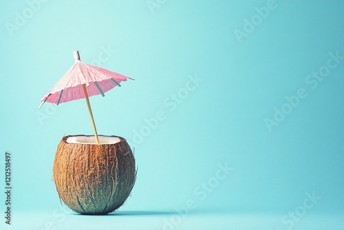 Wallpaper Mural Tropical coconut drink with pink umbrella on vibrant blue background for summer vacation vibes and tropical themes Torontodigital.ca