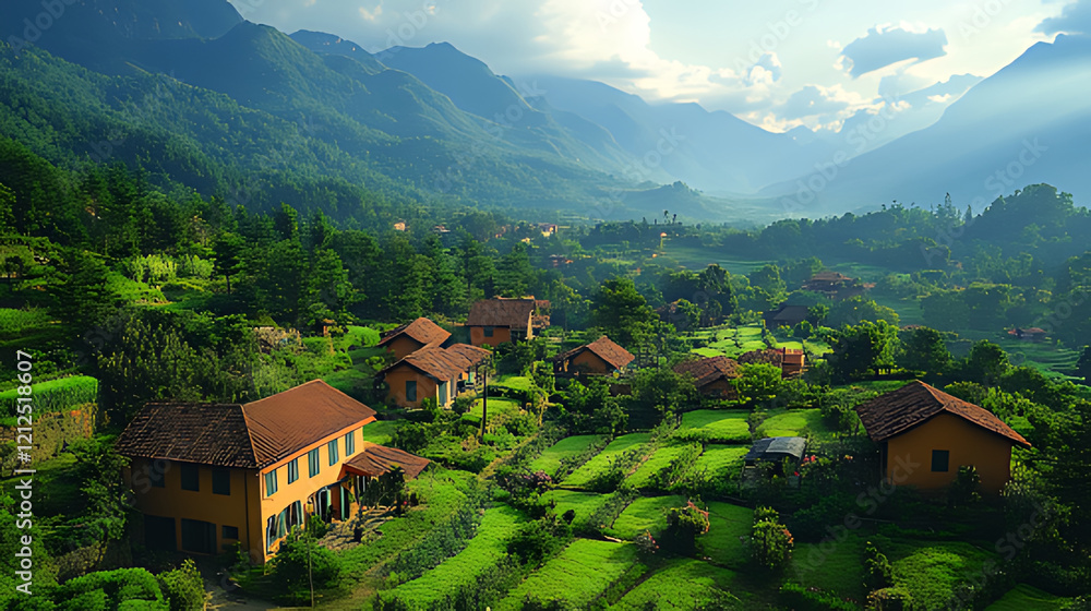 Obraz premium Mountain village sunset, terraced fields, idyllic landscape, travel poster