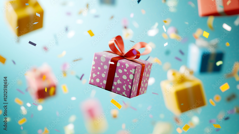 Fototapeta premium Colorful gift box flying against a pastel colored background, Colorful gift box in the air with confetti
