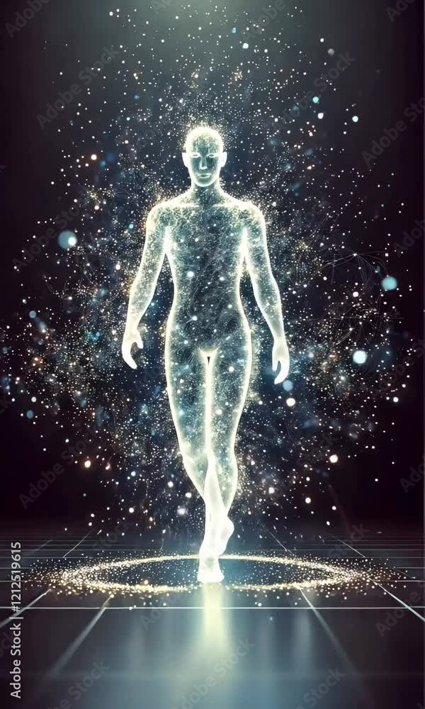 Video of a Digital Human Figure Sparkling with Light in a Sci-Fi Setting Video of a Digital Human Figure Sparkling with Light in a Sci-Fi Setting